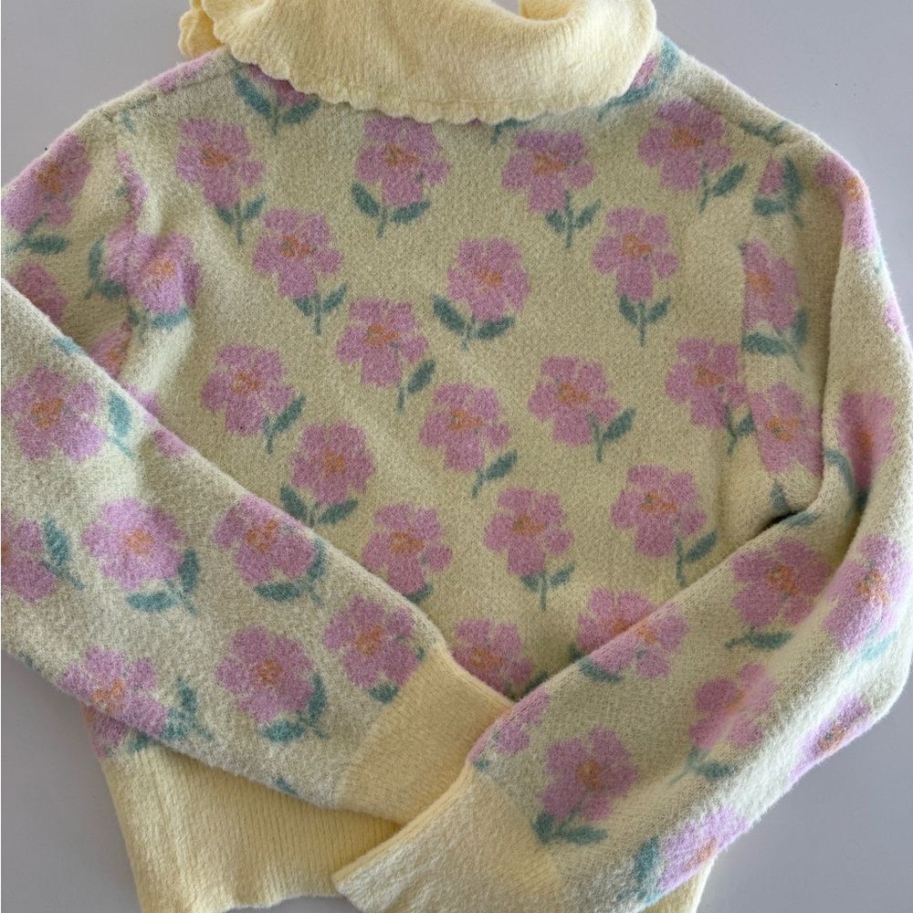 Nwot Zara Pale Yellow Floral Crewneck Sweater sz M - Picture 5 of 6